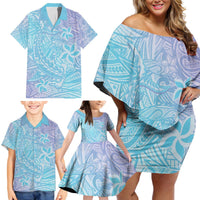 Baby Blue Gradient Polynesia Family Matching Off Shoulder Short Dress and Hawaiian Shirt Hawaiian Tribal Hammerhead Shark Tattoo LT14 - Polynesian Pride