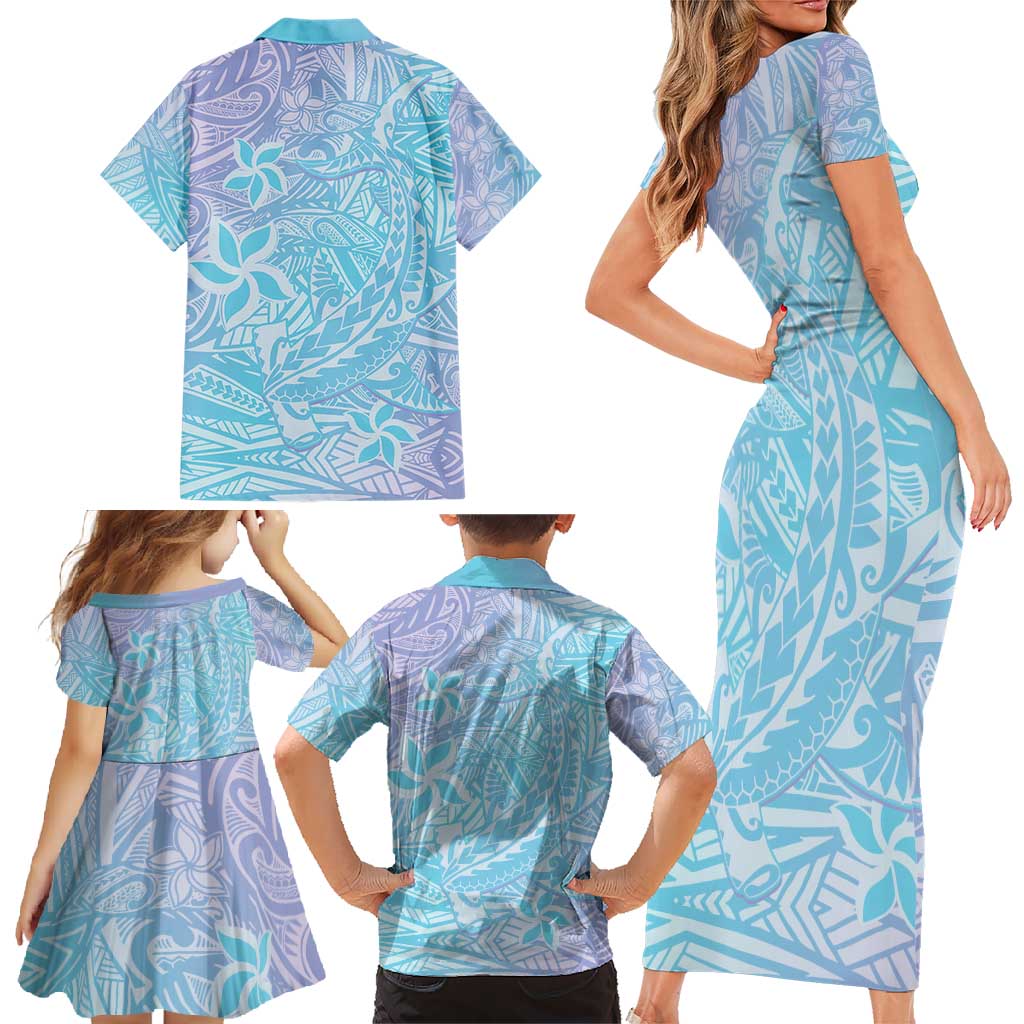 Baby Blue Gradient Polynesia Family Matching Short Sleeve Bodycon Dress and Hawaiian Shirt Hawaiian Tribal Hammerhead Shark Tattoo LT14 - Polynesian Pride