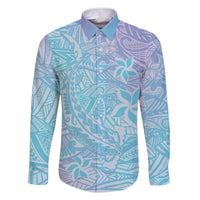 Baby Blue Gradient Polynesia Family Matching Short Sleeve Bodycon Dress and Hawaiian Shirt Hawaiian Tribal Hammerhead Shark Tattoo LT14 Dad's Shirt - Long Sleeve Baby Blue - Polynesian Pride
