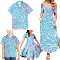 Baby Blue Gradient Polynesia Family Matching Summer Maxi Dress and Hawaiian Shirt Hawaiian Tribal Hammerhead Shark Tattoo LT14 - Polynesian Pride