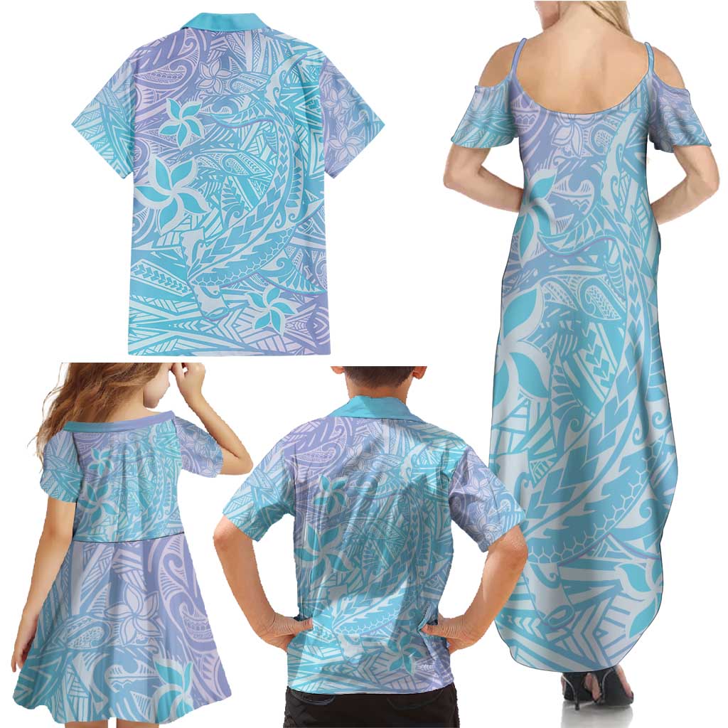 Baby Blue Gradient Polynesia Family Matching Summer Maxi Dress and Hawaiian Shirt Hawaiian Tribal Hammerhead Shark Tattoo LT14 - Polynesian Pride