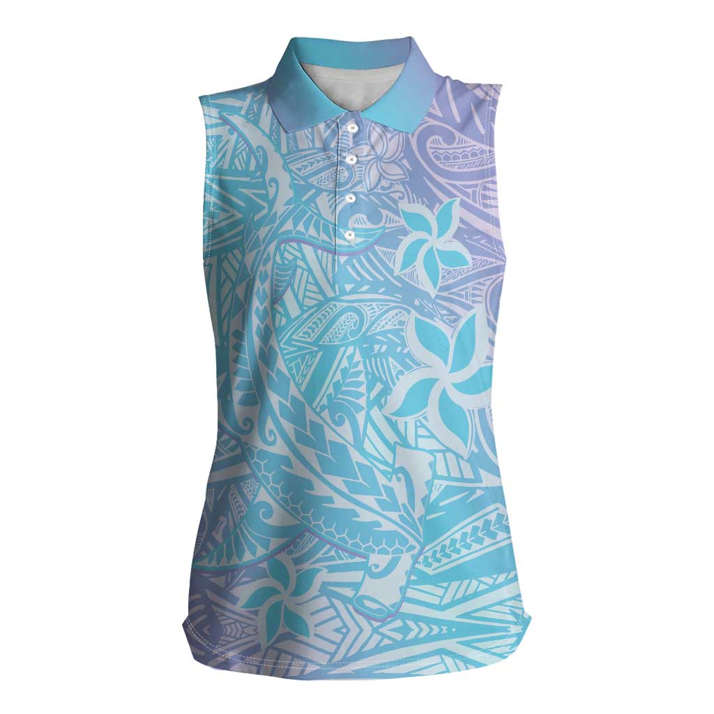 Baby Blue Gradient Polynesia Women Sleeveless Polo Shirt Hawaiian Tribal Hammerhead Shark Tattoo