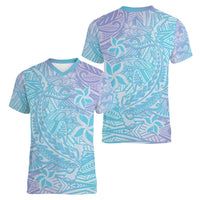 Baby Blue Gradient Polynesia Women V-Neck T-Shirt Hawaiian Tribal Hammerhead Shark Tattoo