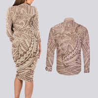 Pink Gradient Polynesia Couples Matching Long Sleeve Bodycon Dress and Long Sleeve Button Shirt Hawaiian Tribal Hammerhead Shark Tattoo