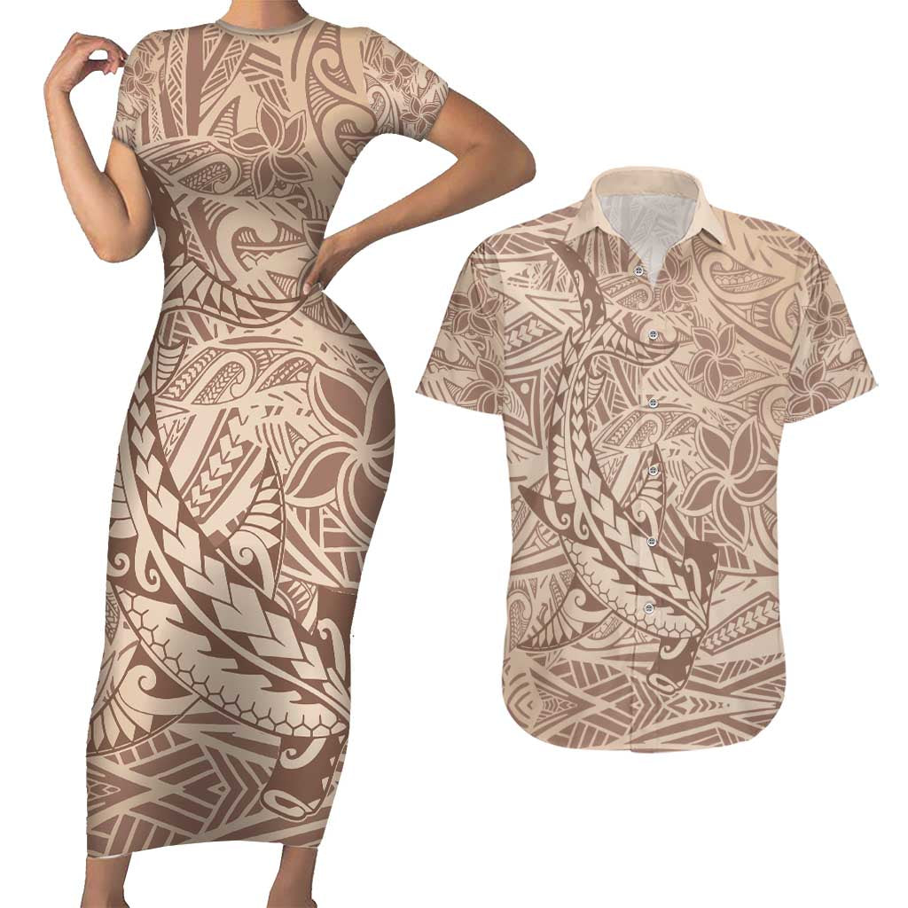 Pastel Brown Polynesia Couples Matching Short Sleeve Bodycon Dress and Hawaiian Shirt Hawaiian Tribal Hammerhead Shark Tattoo LT14 Pastel Brown - Polynesian Pride