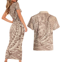 Pastel Brown Polynesia Couples Matching Short Sleeve Bodycon Dress and Hawaiian Shirt Hawaiian Tribal Hammerhead Shark Tattoo LT14 - Polynesian Pride
