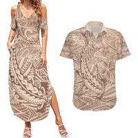 Pink Gradient Polynesia Couples Matching Summer Maxi Dress and Hawaiian Shirt Hawaiian Tribal Hammerhead Shark Tattoo