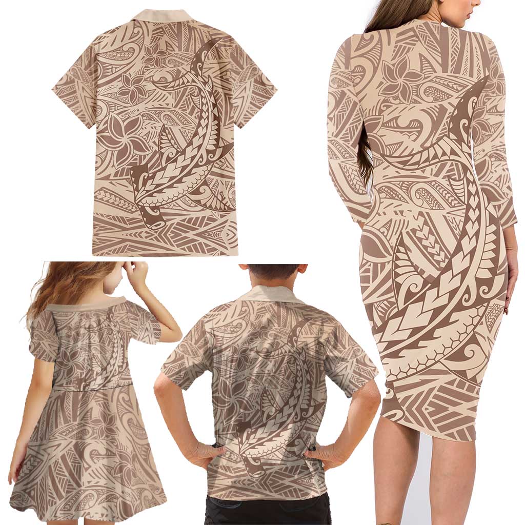 Pastel Brown Polynesia Family Matching Long Sleeve Bodycon Dress and Hawaiian Shirt Hawaiian Tribal Hammerhead Shark Tattoo LT14 - Polynesian Pride