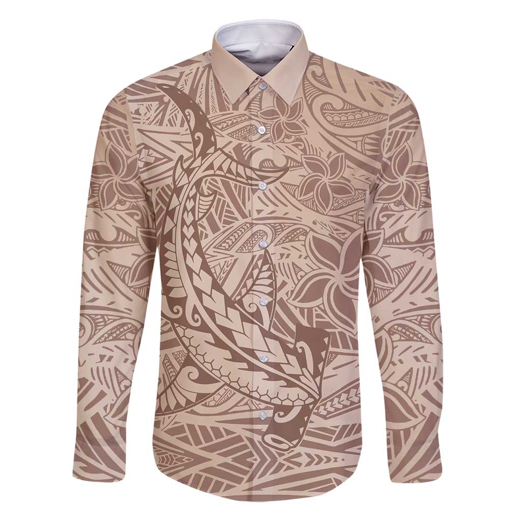 Pastel Brown Polynesia Family Matching Mermaid Dress and Hawaiian Shirt Hawaiian Tribal Hammerhead Shark Tattoo LT14 Dad's Shirt - Long Sleeve Pastel Brown - Polynesian Pride