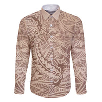 Pastel Brown Polynesia Family Matching Mermaid Dress and Hawaiian Shirt Hawaiian Tribal Hammerhead Shark Tattoo LT14 Dad's Shirt - Long Sleeve Pastel Brown - Polynesian Pride