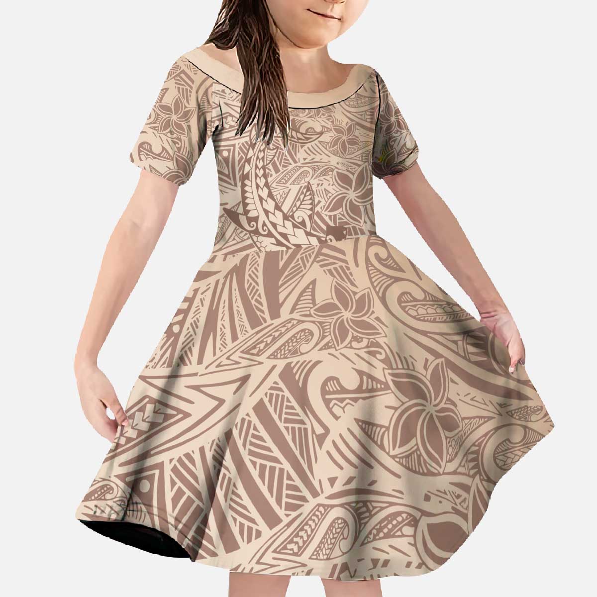 Pastel Brown Polynesia Family Matching Off The Shoulder Long Sleeve Dress and Hawaiian Shirt Hawaiian Tribal Hammerhead Shark Tattoo LT14 Daughter's Dress Pastel Brown - Polynesian Pride