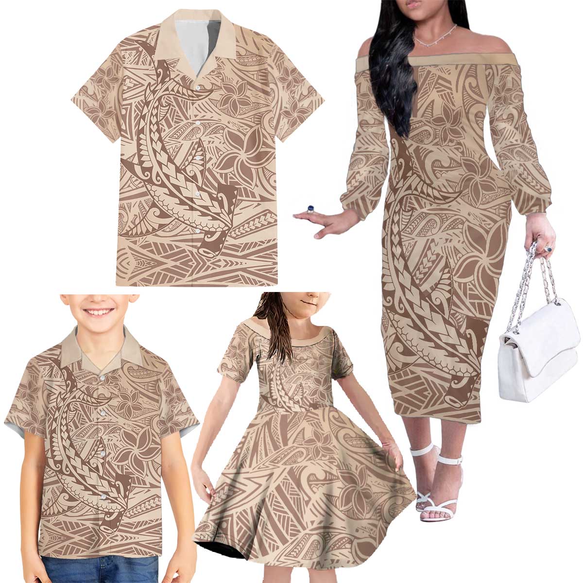 Pastel Brown Polynesia Family Matching Off The Shoulder Long Sleeve Dress and Hawaiian Shirt Hawaiian Tribal Hammerhead Shark Tattoo LT14 - Polynesian Pride