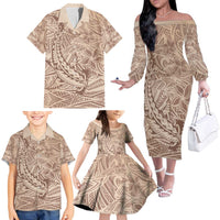 Pastel Brown Polynesia Family Matching Off The Shoulder Long Sleeve Dress and Hawaiian Shirt Hawaiian Tribal Hammerhead Shark Tattoo LT14 - Polynesian Pride