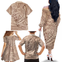 Pastel Brown Polynesia Family Matching Off The Shoulder Long Sleeve Dress and Hawaiian Shirt Hawaiian Tribal Hammerhead Shark Tattoo LT14 - Polynesian Pride