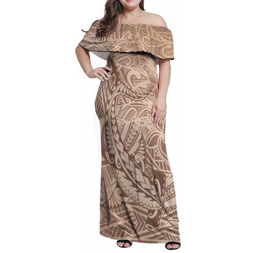 Pastel Brown Polynesia Family Matching Off Shoulder Maxi Dress and Hawaiian Shirt Hawaiian Tribal Hammerhead Shark Tattoo LT14 Mom's Dress Pastel Brown - Polynesian Pride