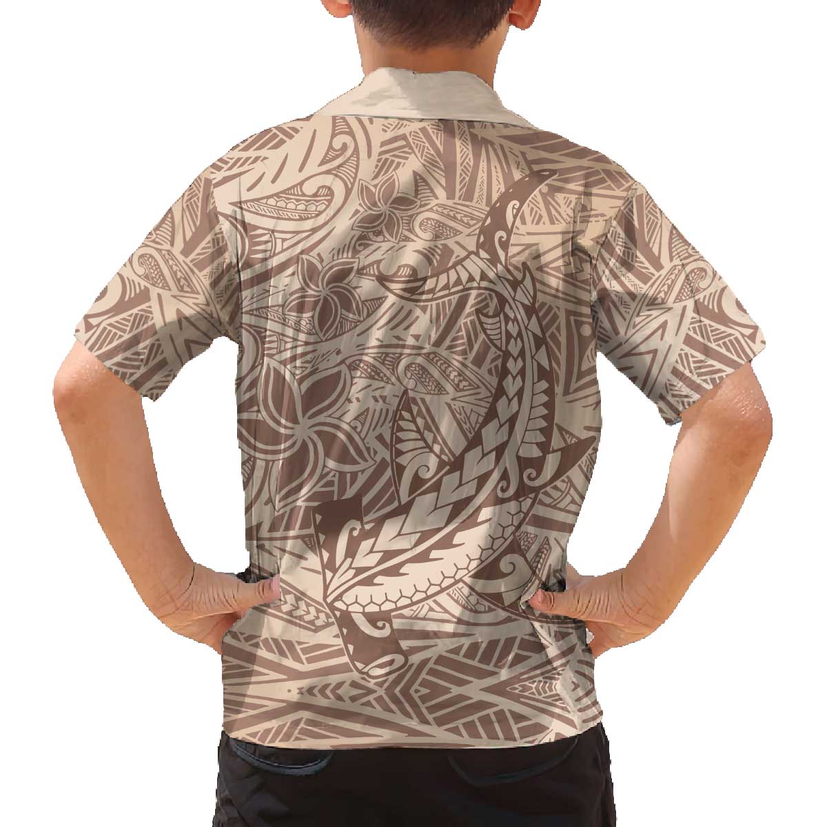 Pastel Brown Polynesia Family Matching Off Shoulder Short Dress and Hawaiian Shirt Hawaiian Tribal Hammerhead Shark Tattoo LT14 - Polynesian Pride
