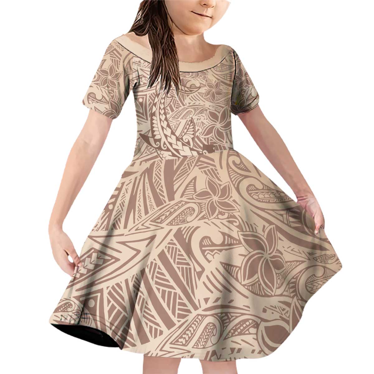 Pastel Brown Polynesia Family Matching Off Shoulder Short Dress and Hawaiian Shirt Hawaiian Tribal Hammerhead Shark Tattoo LT14 Daughter's Dress Pastel Brown - Polynesian Pride