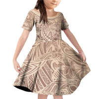 Pastel Brown Polynesia Family Matching Off Shoulder Short Dress and Hawaiian Shirt Hawaiian Tribal Hammerhead Shark Tattoo LT14 Daughter's Dress Pastel Brown - Polynesian Pride