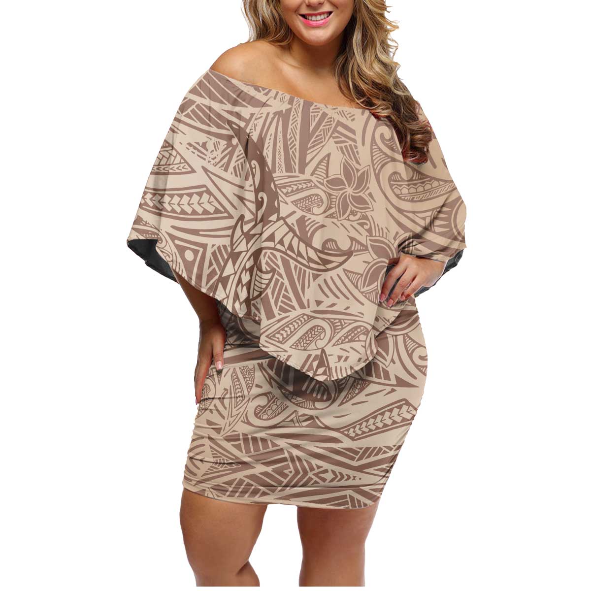 Pastel Brown Polynesia Family Matching Off Shoulder Short Dress and Hawaiian Shirt Hawaiian Tribal Hammerhead Shark Tattoo LT14 Mom's Dress Pastel Brown - Polynesian Pride