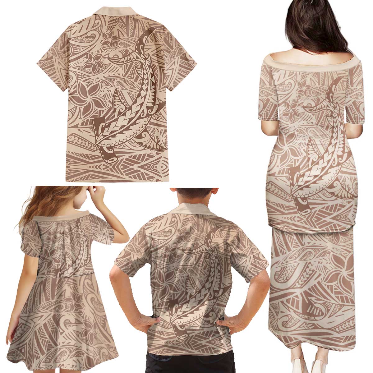Pastel Brown Polynesia Family Matching Puletasi and Hawaiian Shirt Hawaiian Tribal Hammerhead Shark Tattoo LT14 - Polynesian Pride