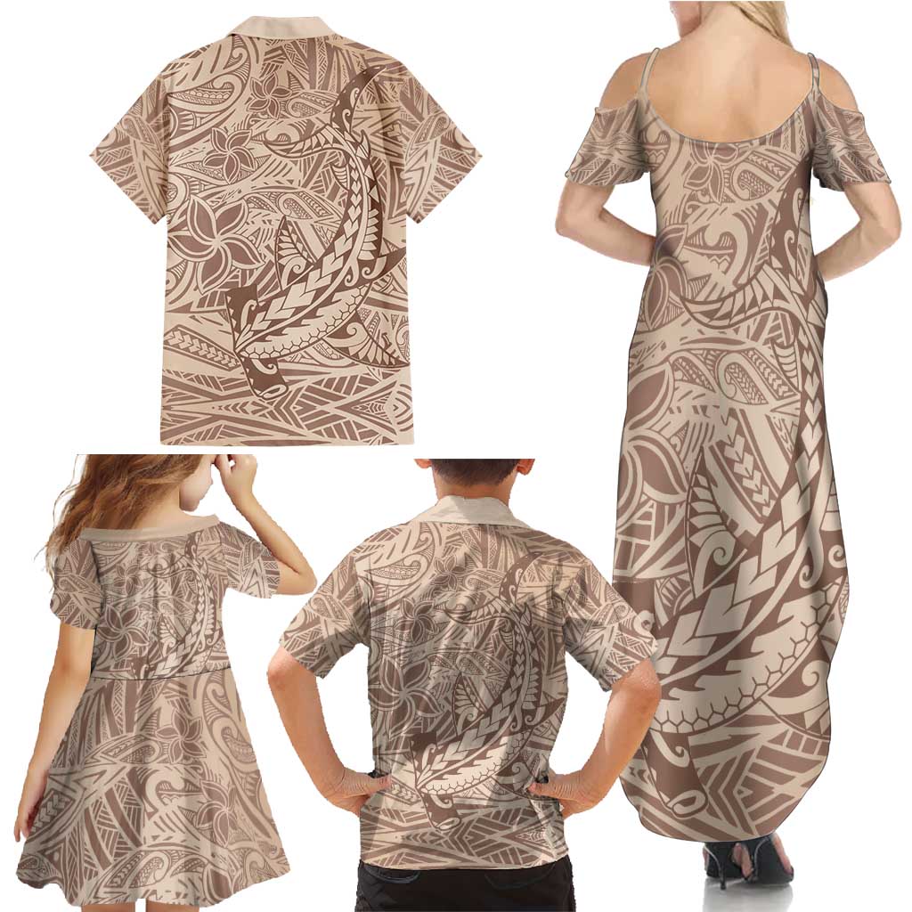 Pastel Brown Polynesia Family Matching Summer Maxi Dress and Hawaiian Shirt Hawaiian Tribal Hammerhead Shark Tattoo LT14 - Polynesian Pride