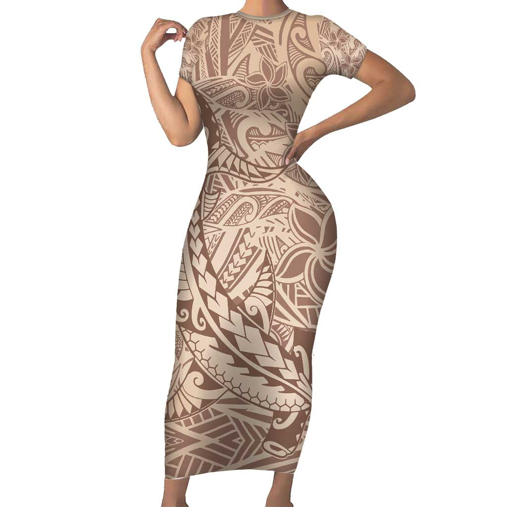 Pastel Brown Polynesia Short Sleeve Bodycon Dress Hawaiian Tribal Hammerhead Shark Tattoo LT14