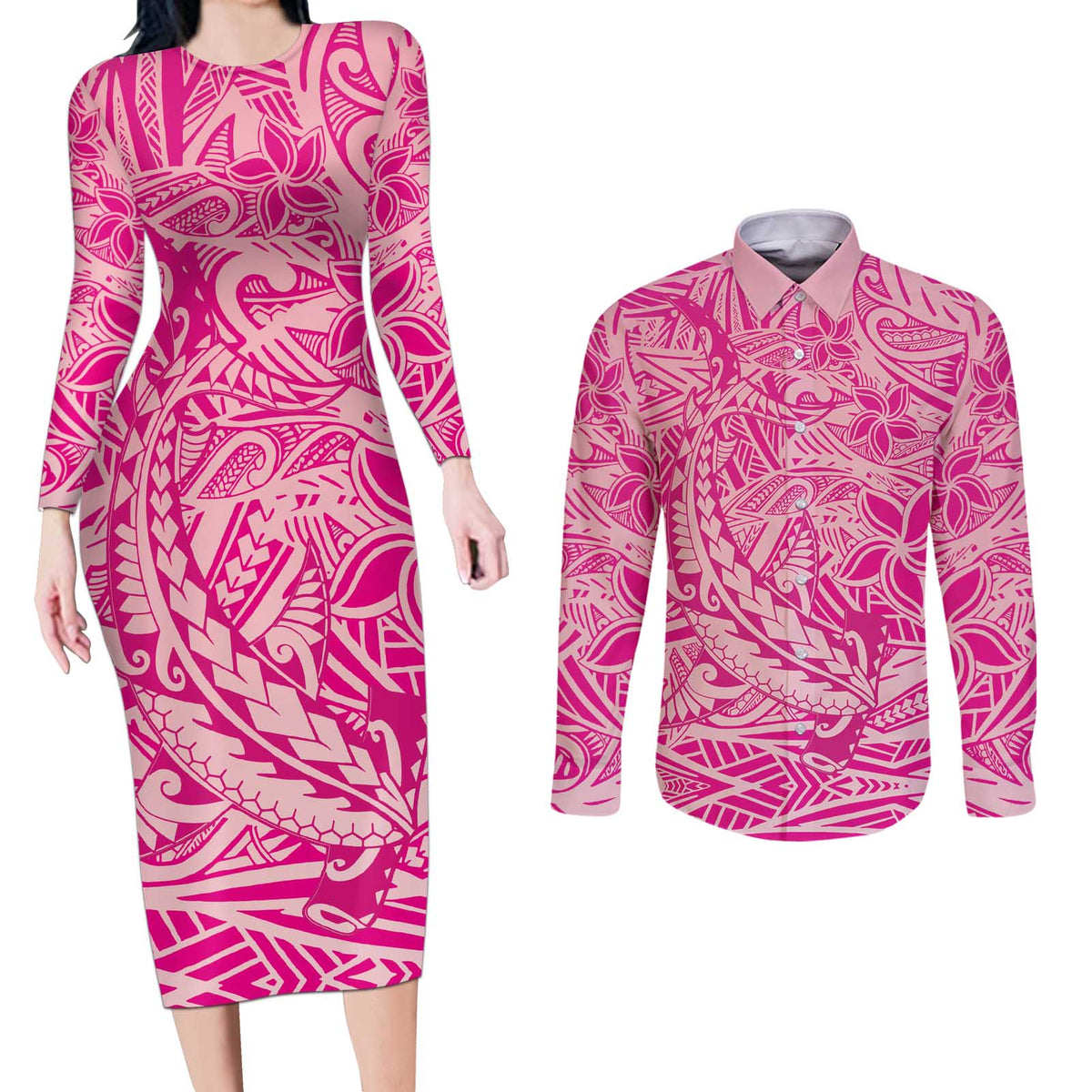 Beige Gradient Polynesia Couples Matching Long Sleeve Bodycon Dress and Long Sleeve Button Shirt Hawaiian Tribal Hammerhead Shark Tattoo