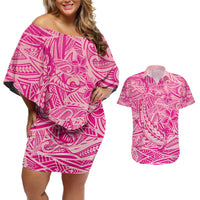 Beige Gradient Polynesia Couples Matching Off Shoulder Short Dress and Hawaiian Shirt Hawaiian Tribal Hammerhead Shark Tattoo