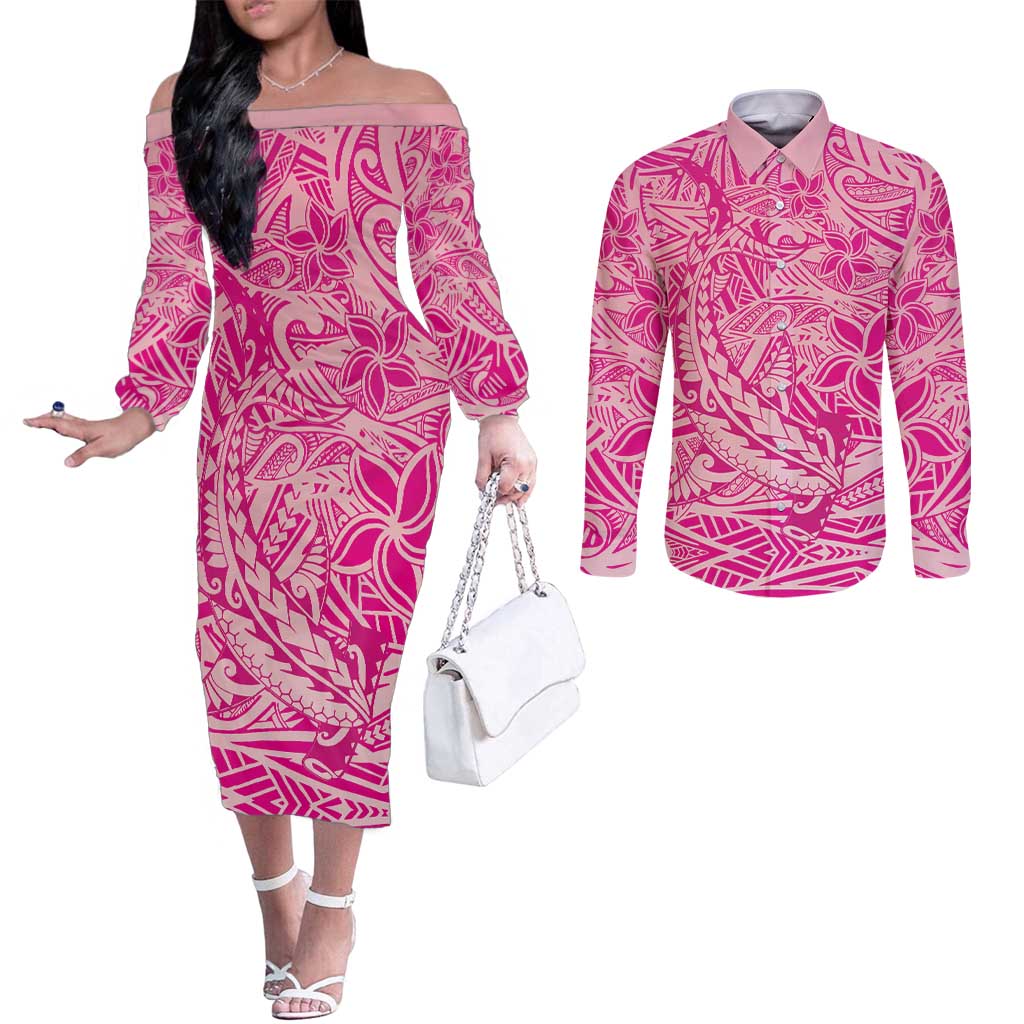 Beige Gradient Polynesia Couples Matching Off The Shoulder Long Sleeve Dress and Long Sleeve Button Shirt Hawaiian Tribal Hammerhead Shark Tattoo