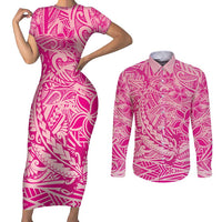 Beige Gradient Polynesia Couples Matching Short Sleeve Bodycon Dress and Long Sleeve Button Shirt Hawaiian Tribal Hammerhead Shark Tattoo