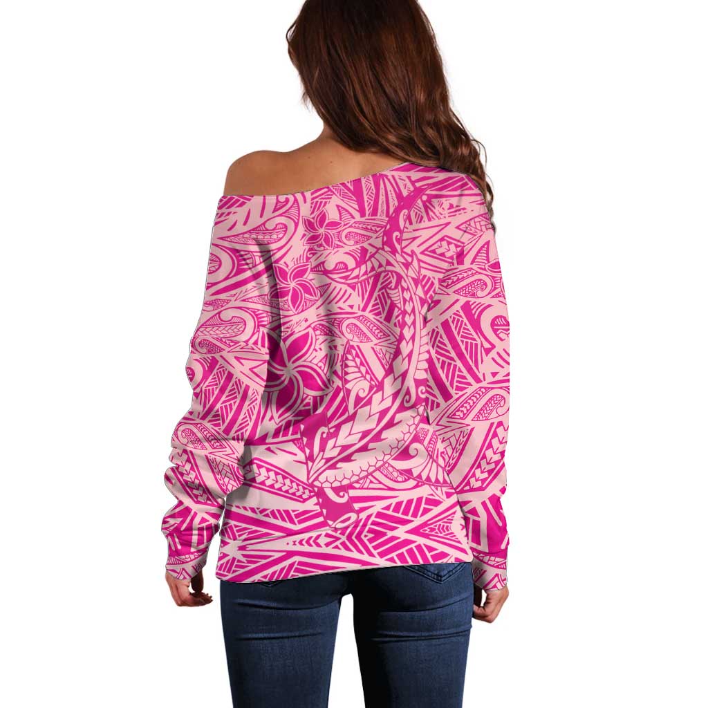 Beige Gradient Polynesia Off Shoulder Sweater Hawaiian Tribal Hammerhead Shark Tattoo