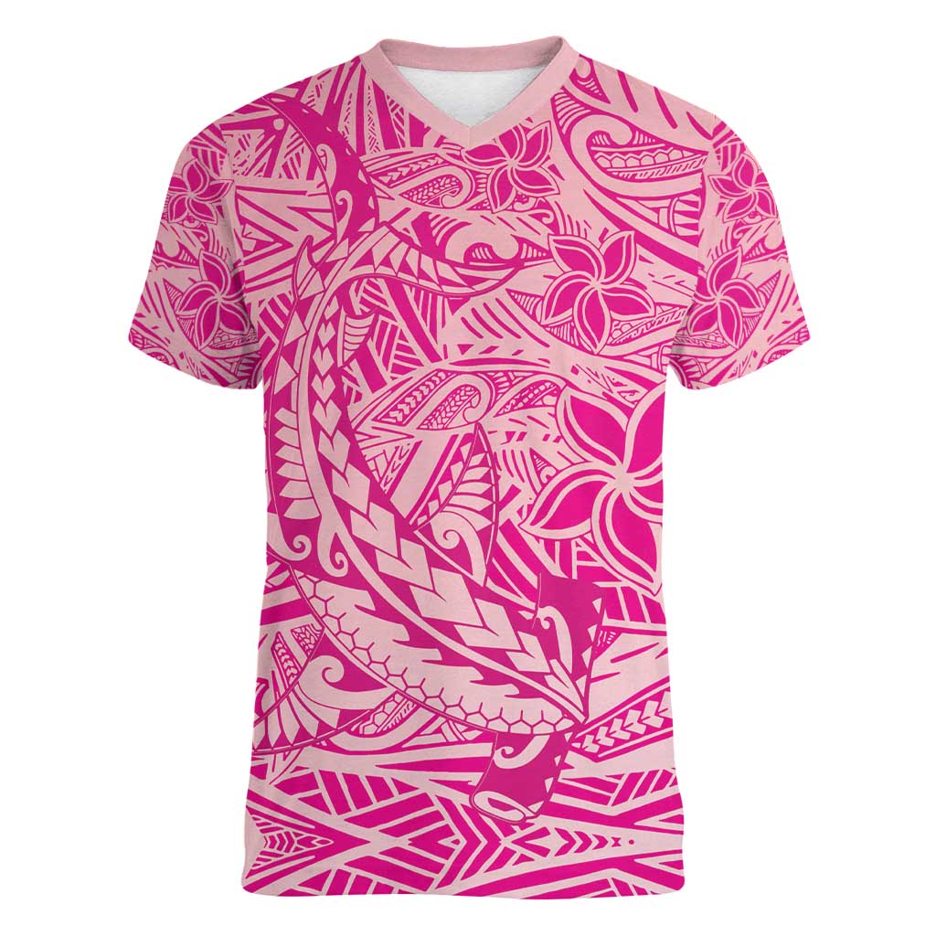 Beige Gradient Polynesia Women V-Neck T-Shirt Hawaiian Tribal Hammerhead Shark Tattoo