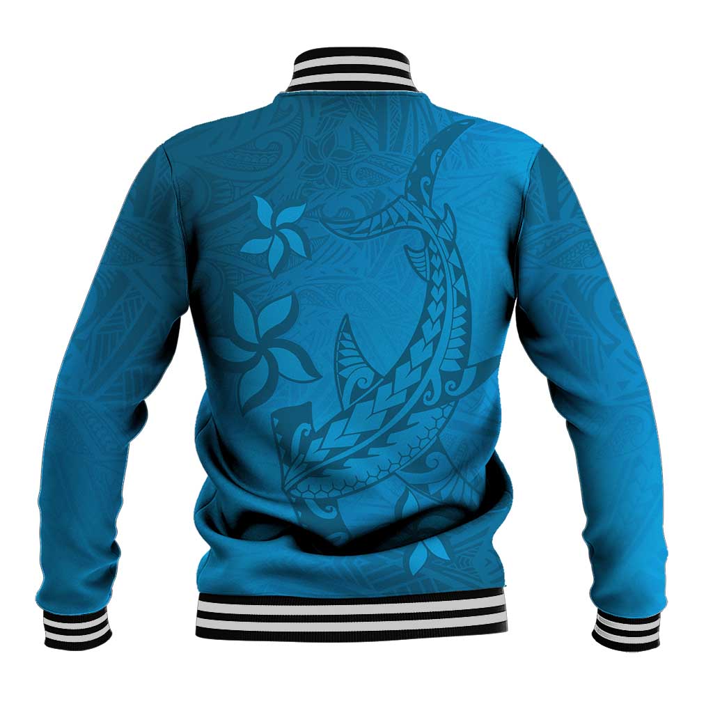 Blue Gradient Polynesia Baseball Jacket Hawaiian Tribal Hammerhead Shark Tattoo