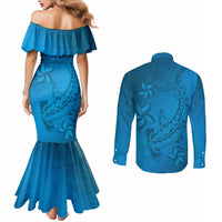 Blue Gradient Polynesia Couples Matching Mermaid Dress and Long Sleeve Button Shirt Hawaiian Tribal Hammerhead Shark Tattoo