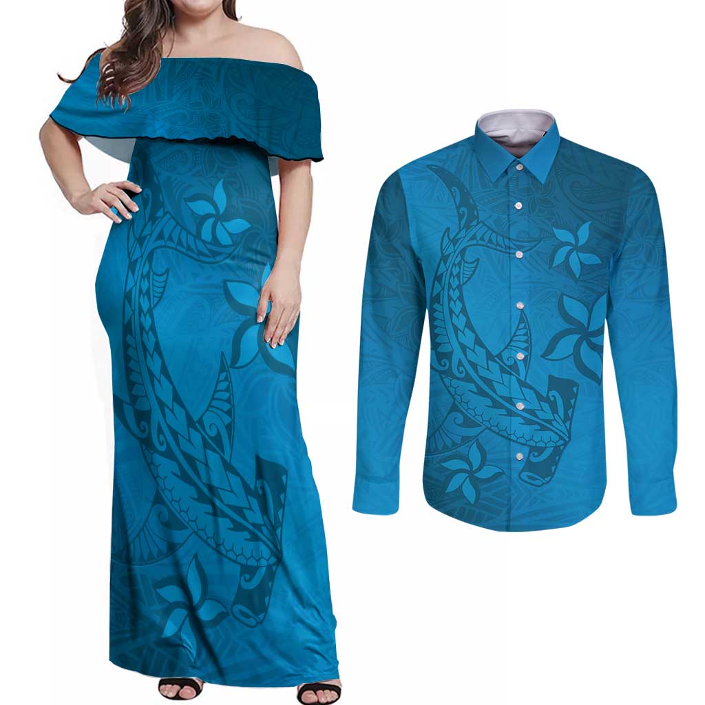 Blue Gradient Polynesia Couples Matching Off Shoulder Maxi Dress and Long Sleeve Button Shirt Hawaiian Tribal Hammerhead Shark Tattoo