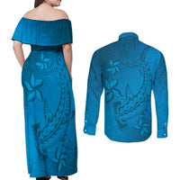 Blue Gradient Polynesia Couples Matching Off Shoulder Maxi Dress and Long Sleeve Button Shirt Hawaiian Tribal Hammerhead Shark Tattoo