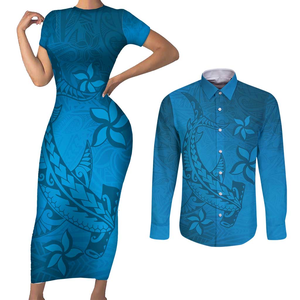 Blue Gradient Polynesia Couples Matching Short Sleeve Bodycon Dress and Long Sleeve Button Shirt Hawaiian Tribal Hammerhead Shark Tattoo