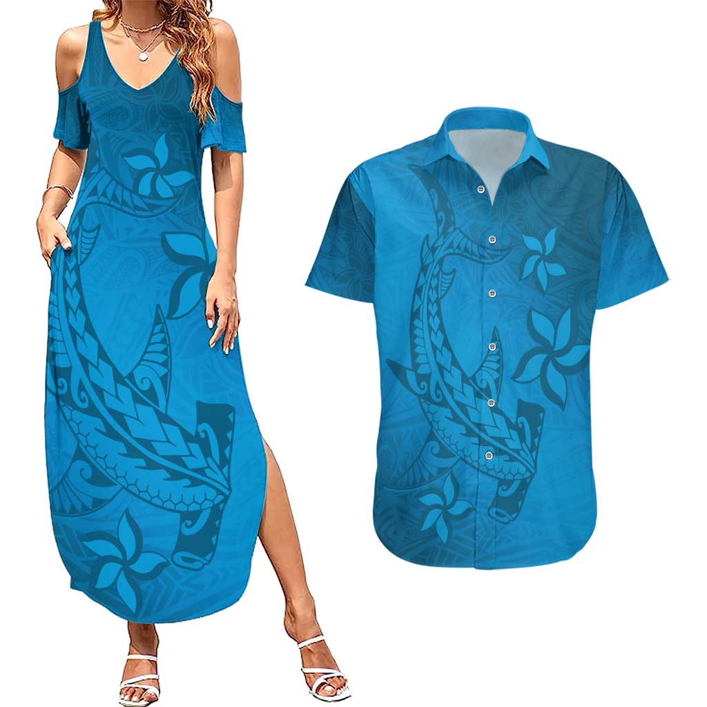 Blue Gradient Polynesia Couples Matching Summer Maxi Dress and Hawaiian Shirt Hawaiian Tribal Hammerhead Shark Tattoo