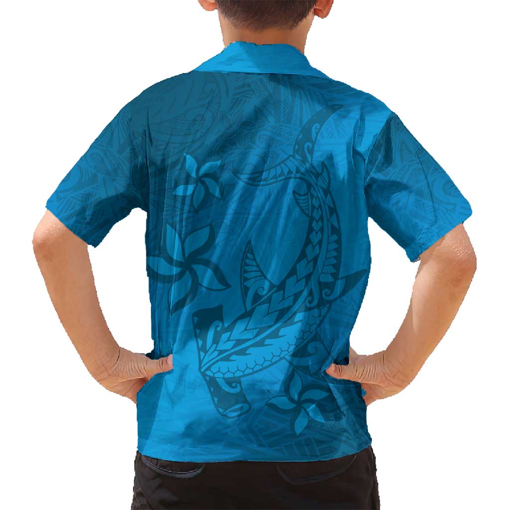 Blue Gradient Polynesia Family Matching Long Sleeve Bodycon Dress and Hawaiian Shirt Hawaiian Tribal Hammerhead Shark Tattoo LT14 - Polynesian Pride