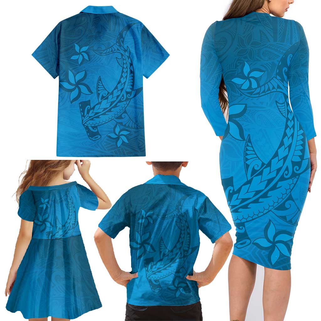 Blue Gradient Polynesia Family Matching Long Sleeve Bodycon Dress and Hawaiian Shirt Hawaiian Tribal Hammerhead Shark Tattoo LT14 - Polynesian Pride