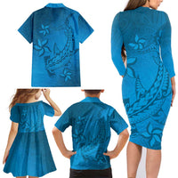 Blue Gradient Polynesia Family Matching Long Sleeve Bodycon Dress and Hawaiian Shirt Hawaiian Tribal Hammerhead Shark Tattoo LT14 - Polynesian Pride