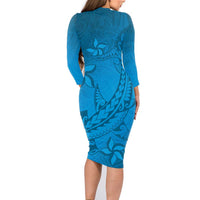 Blue Gradient Polynesia Family Matching Long Sleeve Bodycon Dress and Hawaiian Shirt Hawaiian Tribal Hammerhead Shark Tattoo LT14 - Polynesian Pride