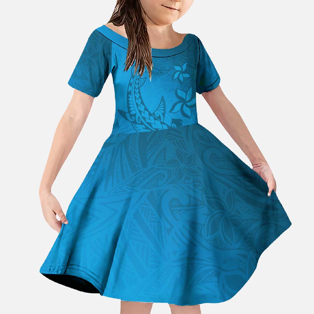 Blue Gradient Polynesia Family Matching Off The Shoulder Long Sleeve Dress and Hawaiian Shirt Hawaiian Tribal Hammerhead Shark Tattoo LT14 Daughter's Dress Blue - Polynesian Pride