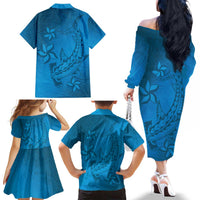 Blue Gradient Polynesia Family Matching Off The Shoulder Long Sleeve Dress and Hawaiian Shirt Hawaiian Tribal Hammerhead Shark Tattoo LT14 - Polynesian Pride
