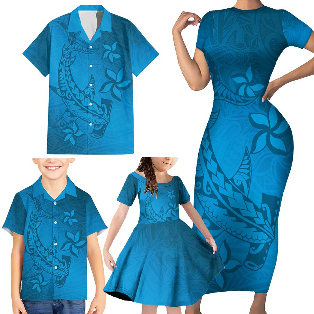 Blue Gradient Polynesia Family Matching Short Sleeve Bodycon Dress and Hawaiian Shirt Hawaiian Tribal Hammerhead Shark Tattoo LT14 - Polynesian Pride