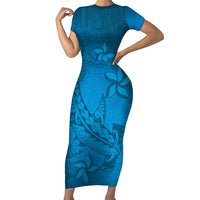 Blue Gradient Polynesia Family Matching Short Sleeve Bodycon Dress and Hawaiian Shirt Hawaiian Tribal Hammerhead Shark Tattoo LT14 Mom's Dress Blue - Polynesian Pride