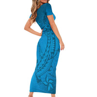 Blue Gradient Polynesia Family Matching Short Sleeve Bodycon Dress and Hawaiian Shirt Hawaiian Tribal Hammerhead Shark Tattoo LT14 - Polynesian Pride