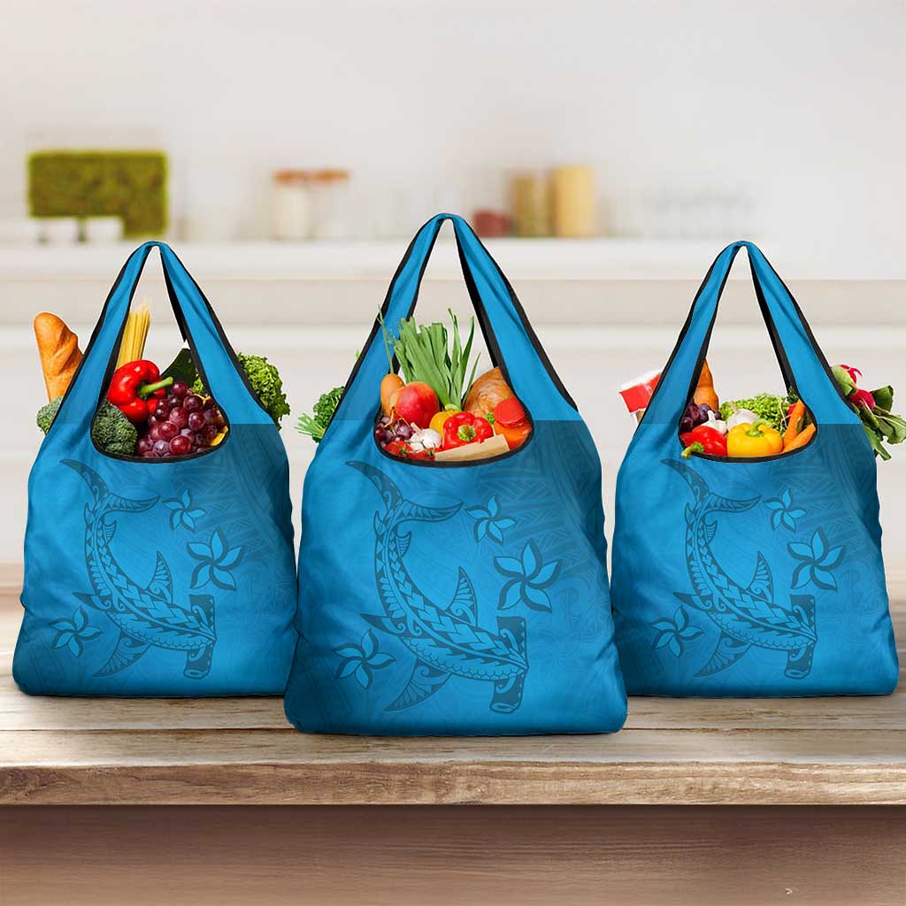 Blue Gradient Polynesia Grocery Bag Hawaiian Tribal Hammerhead Shark Tattoo
