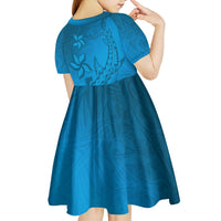 Blue Gradient Polynesia Kid Short Sleeve Dress Hawaiian Tribal Hammerhead Shark Tattoo