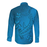 Blue Gradient Polynesia Long Sleeve Button Shirt Hawaiian Tribal Hammerhead Shark Tattoo